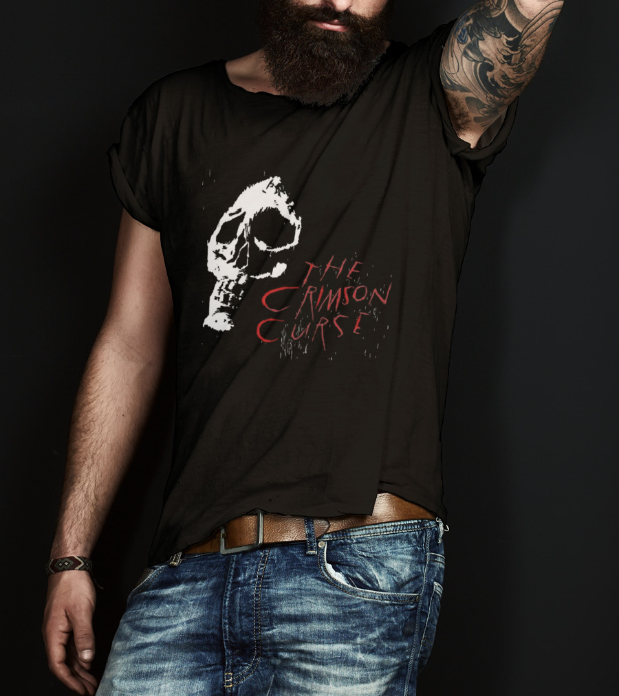 The Crimson Curse Skull White And Red Text With Skull T-Shirt