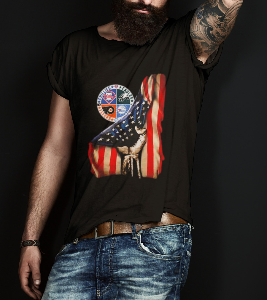 Philadelphia Phillies Eagles Flyers 76ers Hand Pulling American Flag T-Shirt