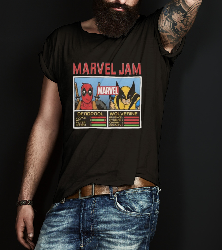 Deadpool Wolverine Marvel Jam Comic Character Stats T-Shirt