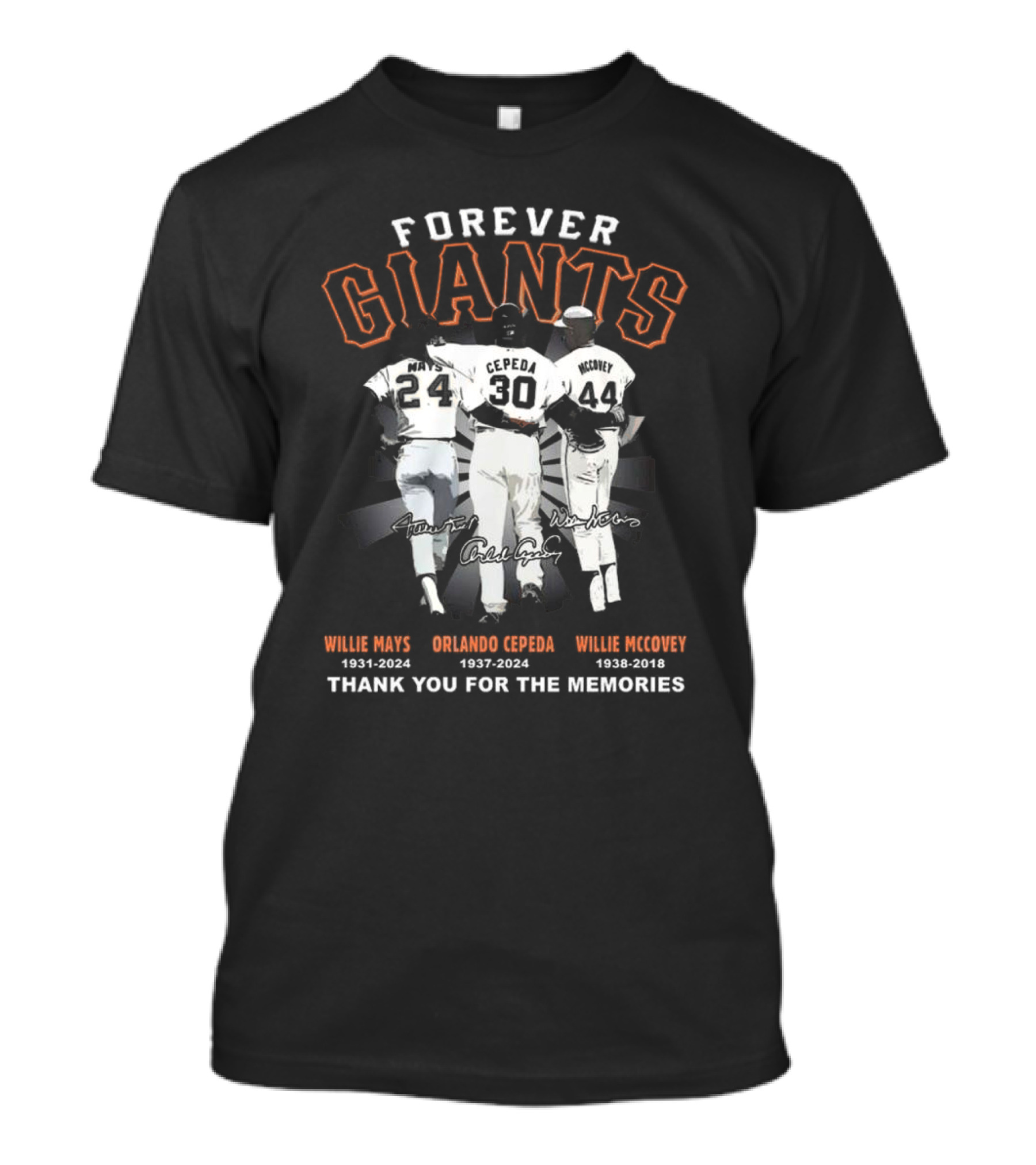 Forever Giants Willie Mays Orlando Cepeda Willie McCovey Thank You For The Memories T-Shirt