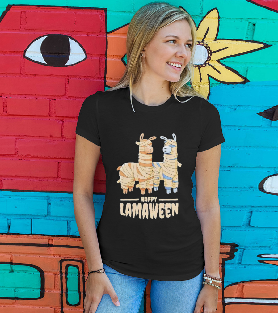 Happy Lamaween Funny Llama Halloween Mummies T-Shirt