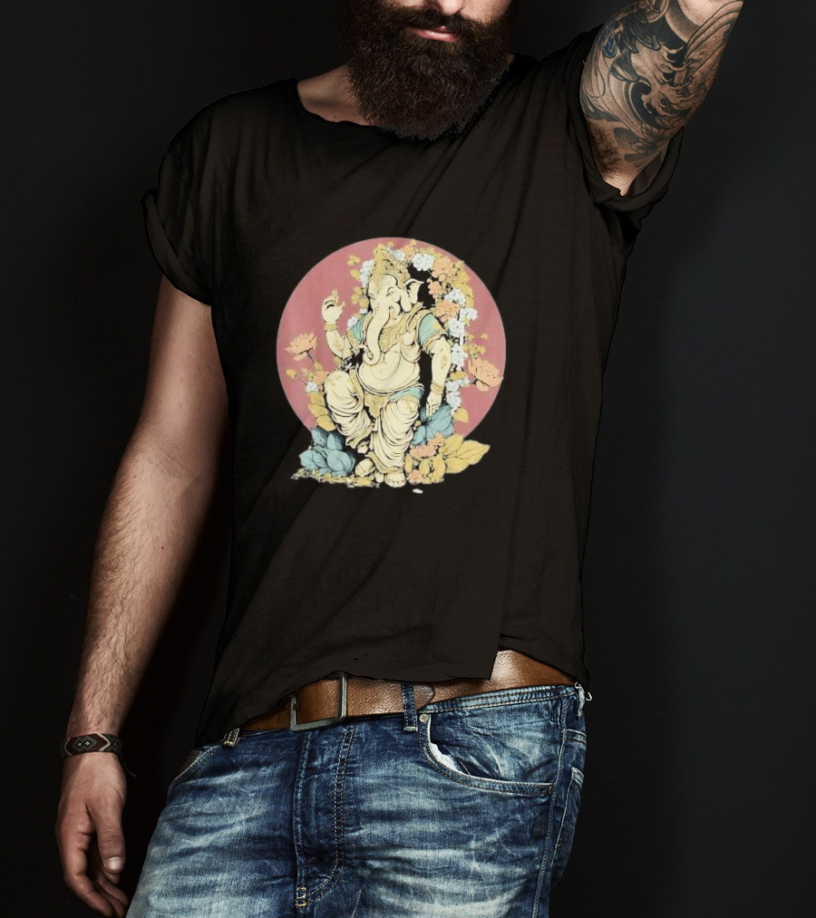 New Rare Hindu God Floral Elephant Deity Lord Ganesh Lotus Flowers Iconic T-Shirt