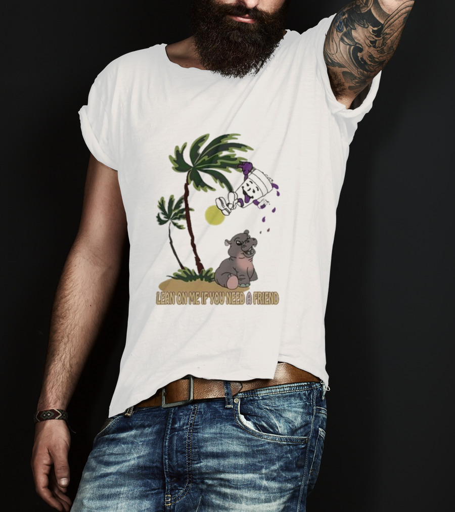 Grapejuiceboys Lean On Me If You Need A Friend Moo Deng Palm Tree Tropical Scene T-Shirt