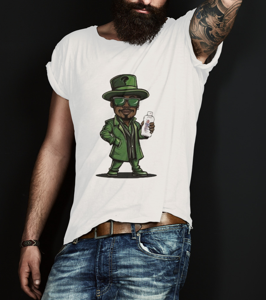 Little Diddler Holding Baby Oil In Green Outfit With Question Mark Hat T-Shirt