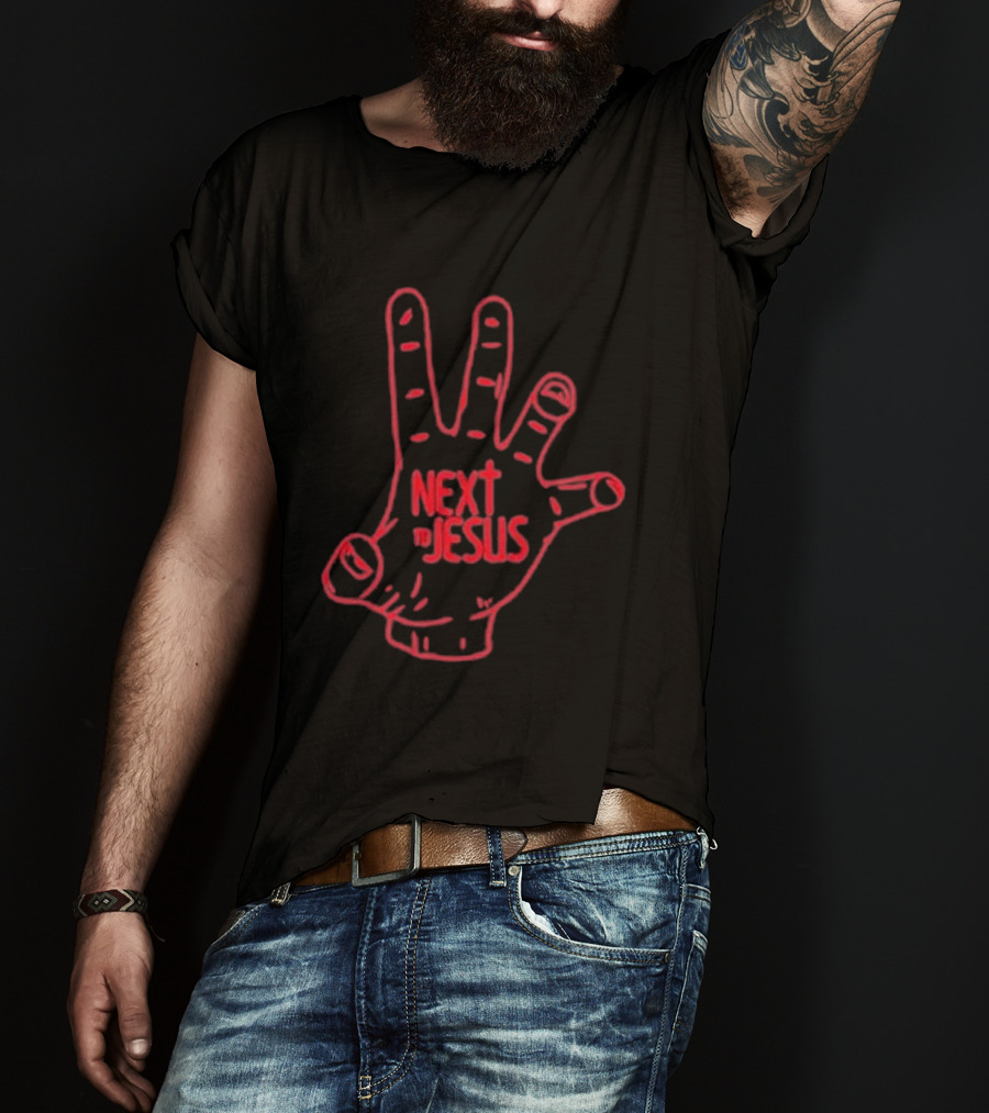 Next To Jesus Hand Neon Red Outline T-Shirt