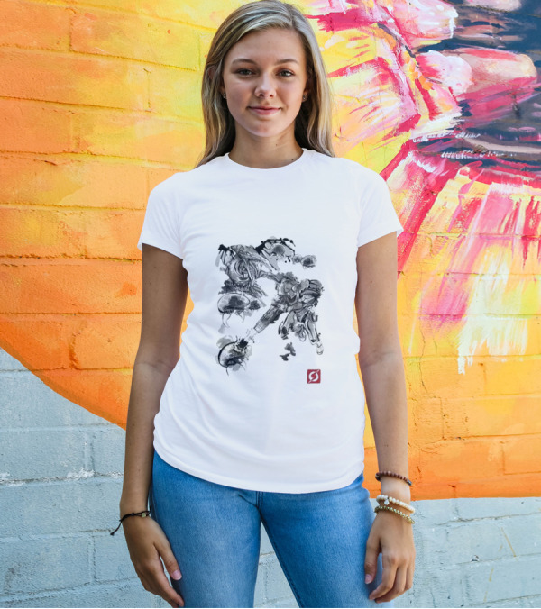 Attack Of The Space Pirates Sumi-E Style Metroid Battle Scene T-Shirt