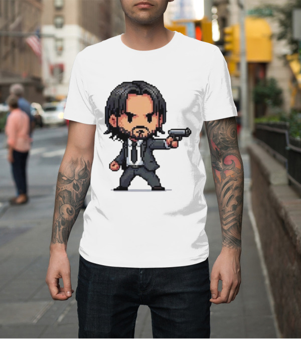 Shirt: Pixel Chibi John Wick with Gun T-Shirt Pixel Chibi John Wick with Gun T-Shirt