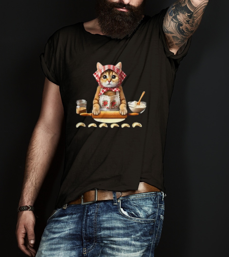 Cat Making Pierogi With Rolling Pin And Ingredients Polish T-Shirt