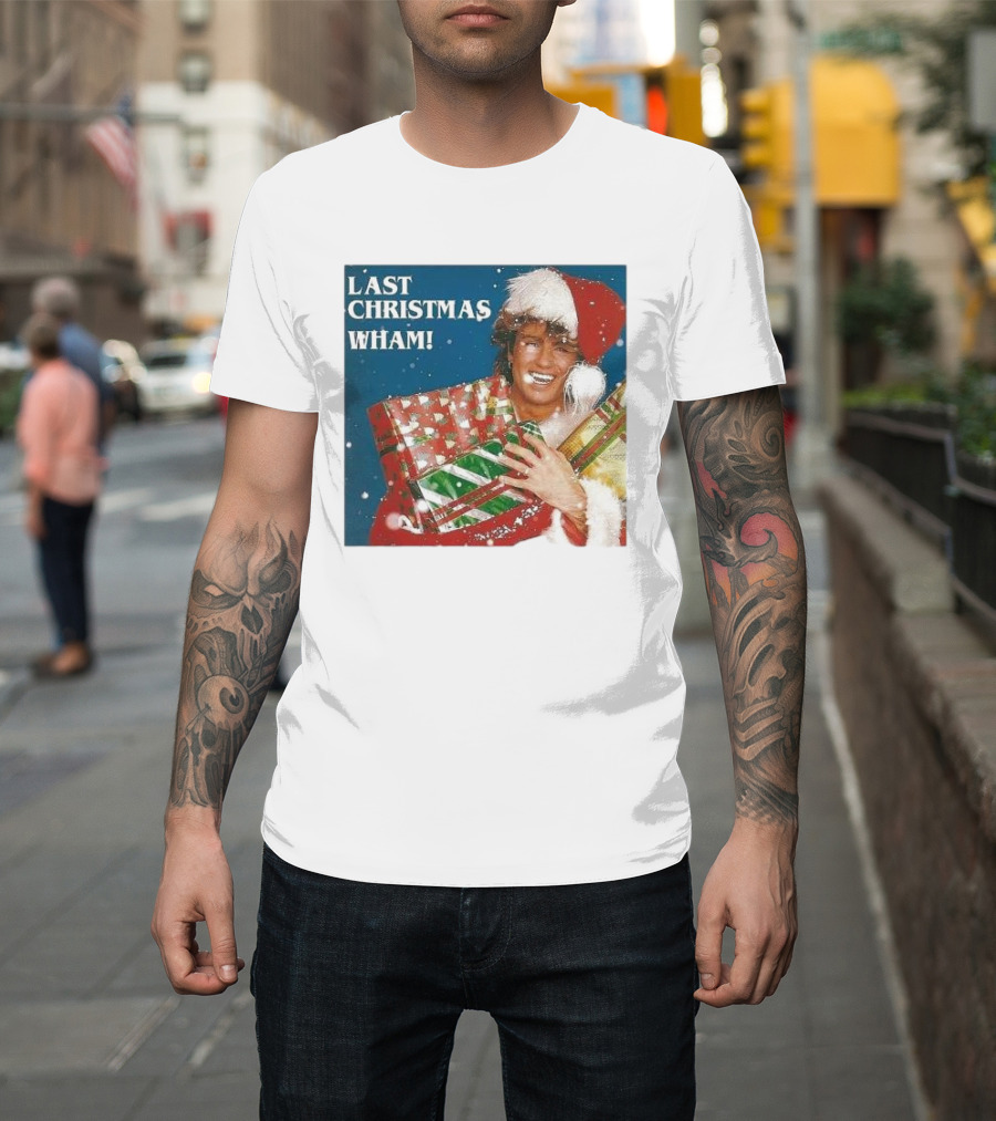 Last Christmas Wham George Michael Santa Hat Holding Gift T-Shirt