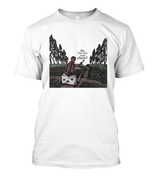 Devil Hey Have You Tried Cheese Sitting On Large Cheese Block In Countryside Scene T-Shirt