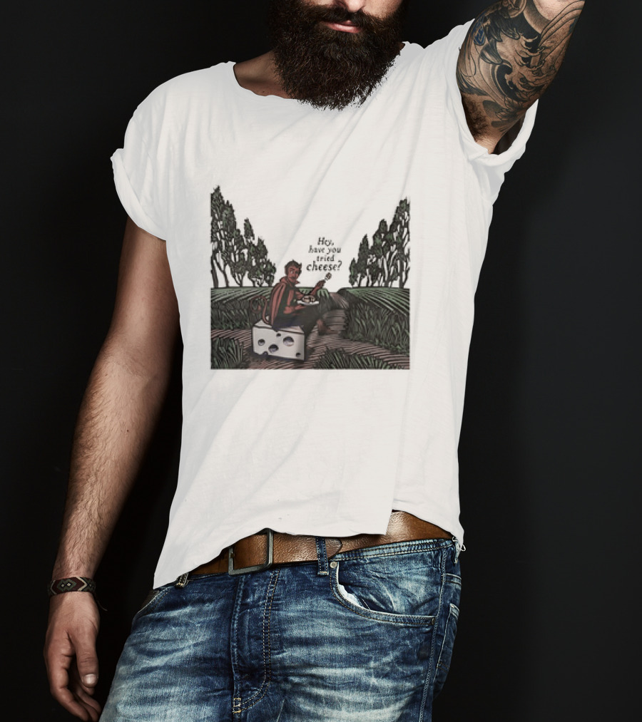 Devil Hey Have You Tried Cheese Sitting On Large Cheese Block In Countryside Scene T-Shirt