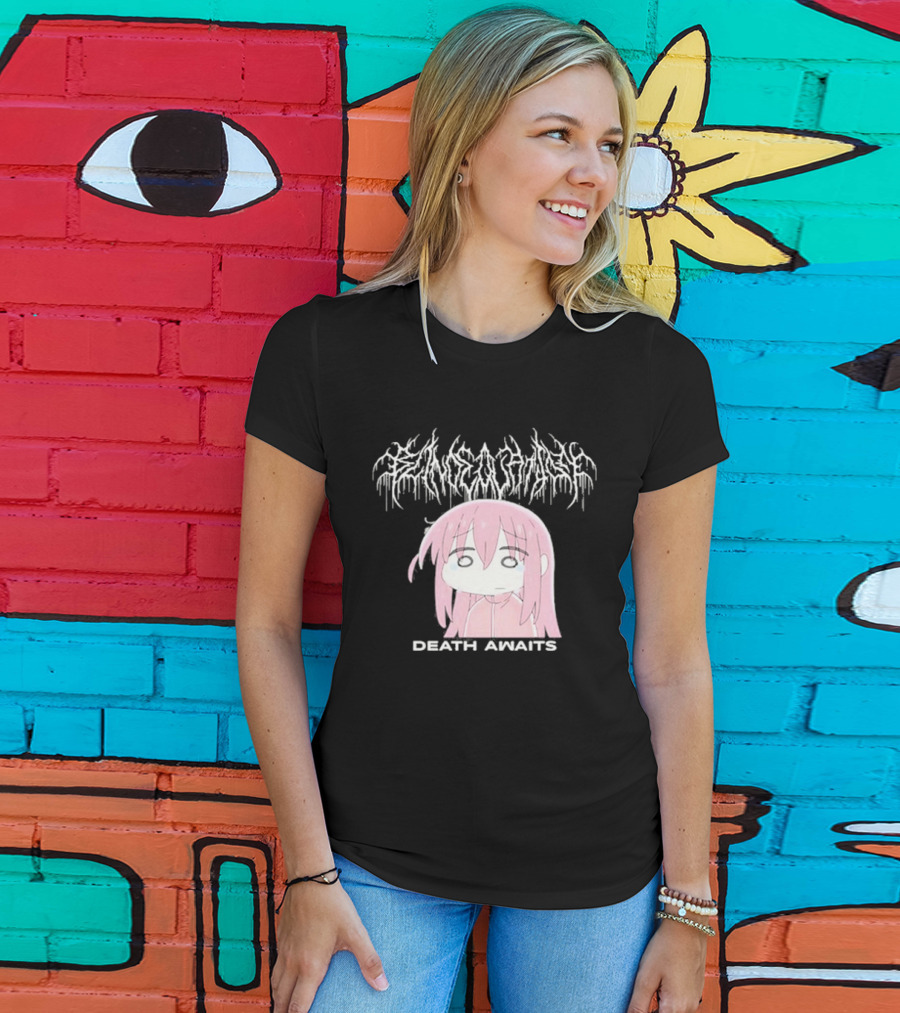 Bocchi The Rock Death Awaits Metal Style Art With Pink-Haired Character T-Shirt