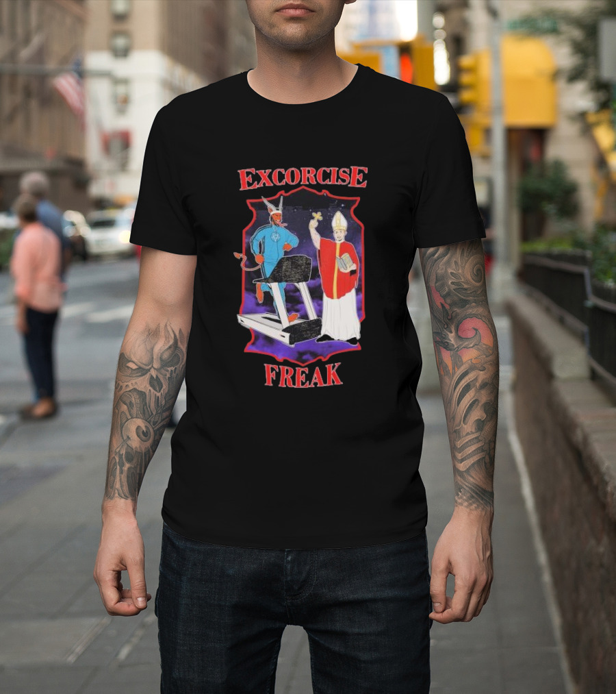 EXCORCISE FREAK Demon on Treadmill with Priest T-Shirt