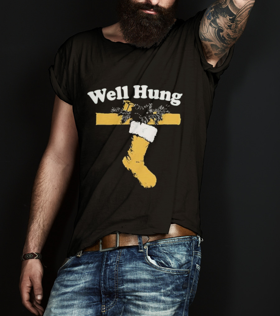 Well Hung Christmas Stocking Shot With Garland And Gift T-Shirt