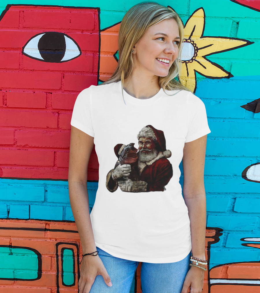 Moo Deng Xmas Funny Christmas Santa Hug Cute Baby Hippo Santa Claus Holiday T-Shirt