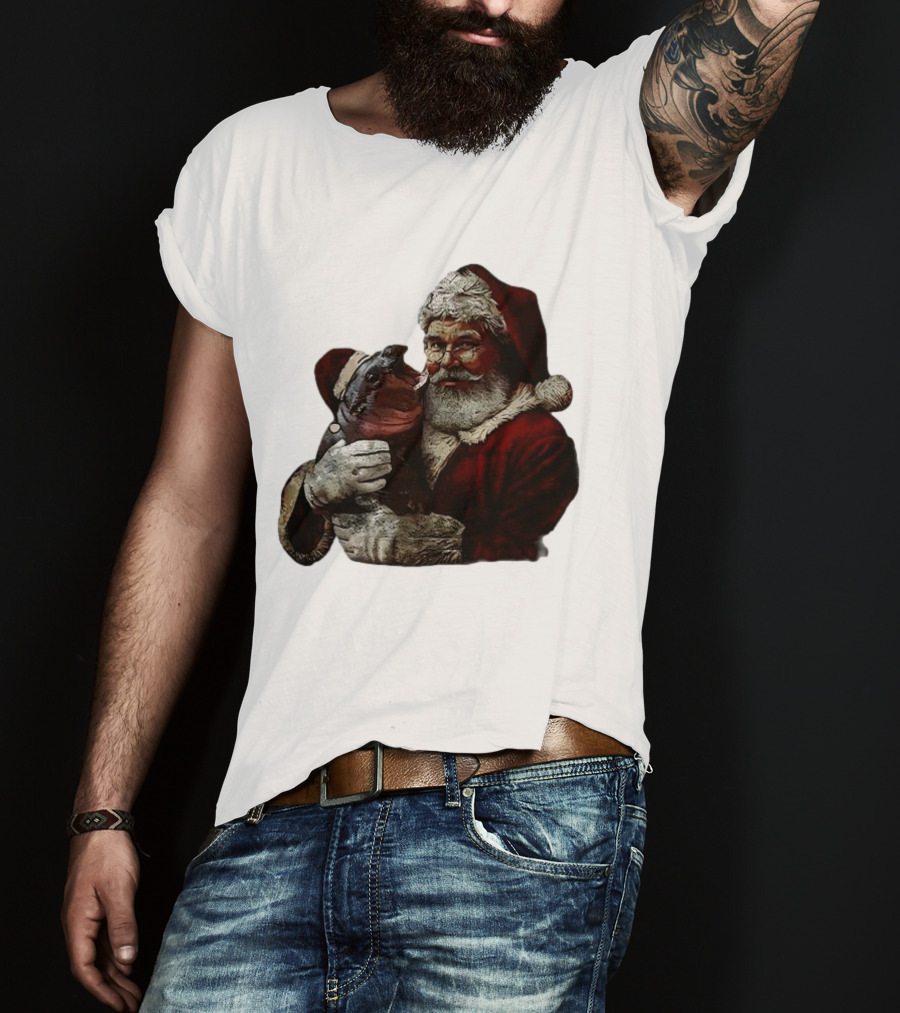Moo Deng Xmas Funny Christmas Santa Hug Cute Baby Hippo Santa Claus Holiday T-Shirt