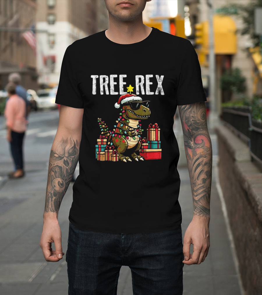 Christmas Dinosaur Tree Rex Xmas Trex Santa Hat and Presents T-Shirt