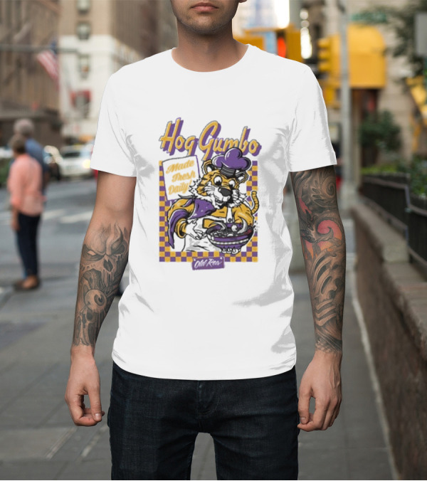 Shirt: Old Row Hog Gumbo Made Fresh Daily Tiger Chef Purple Gold Checkered T-Shirt Old Row Hog Gumbo Made Fresh Daily Tiger Chef Purple Gold Checkered T-Shirt