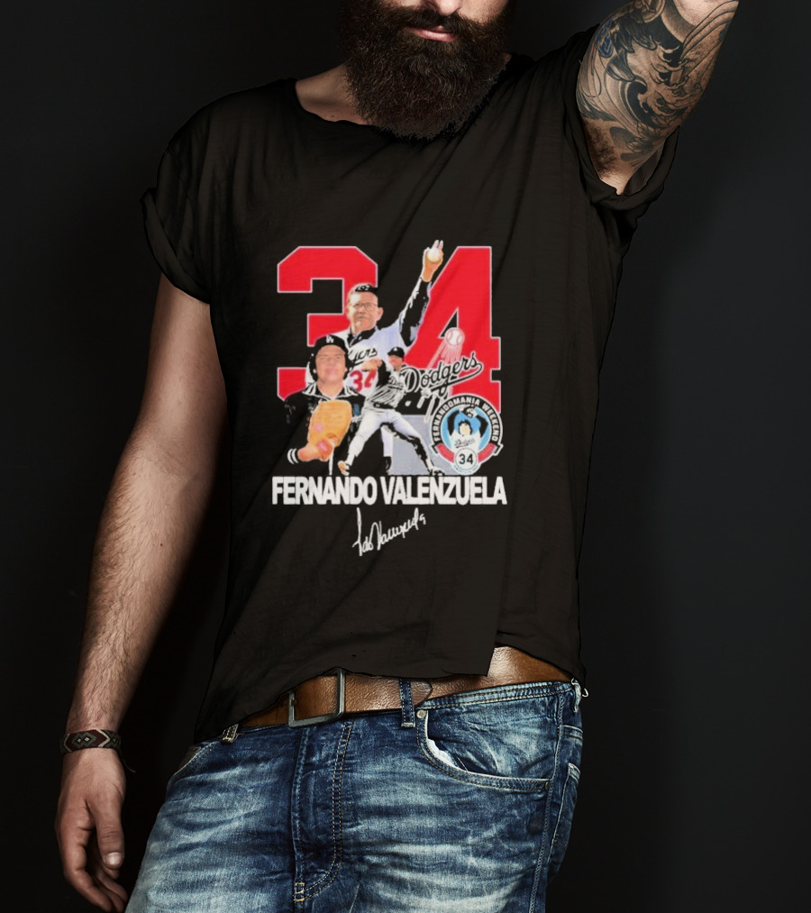 Fernando Valenzuela Dodgers 34 Legend Baseball Tecolomania Mexican 34 Signature T-Shirt