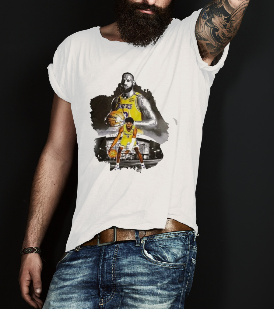 Lebron James Lakers Basketball Star In Action With Los Angeles Stadium Background T-Shirt