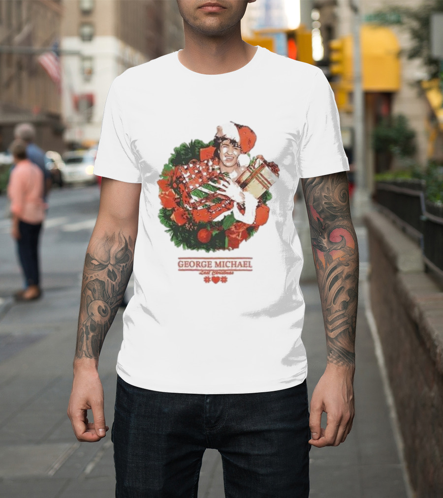 GEORGE MICHAEL LAST CHRISTMAS SANTA HAT WREATH T-Shirt