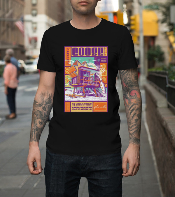 Shirt: Goose Nov 1-2 2024 St Augustine Amphitheatre Florida Retro Beach House and Surfboard T-Shirt Goose Nov 1-2 2024 St Augustine Amphitheatre Florida Retro Beach House and Surfboard T-Shirt
