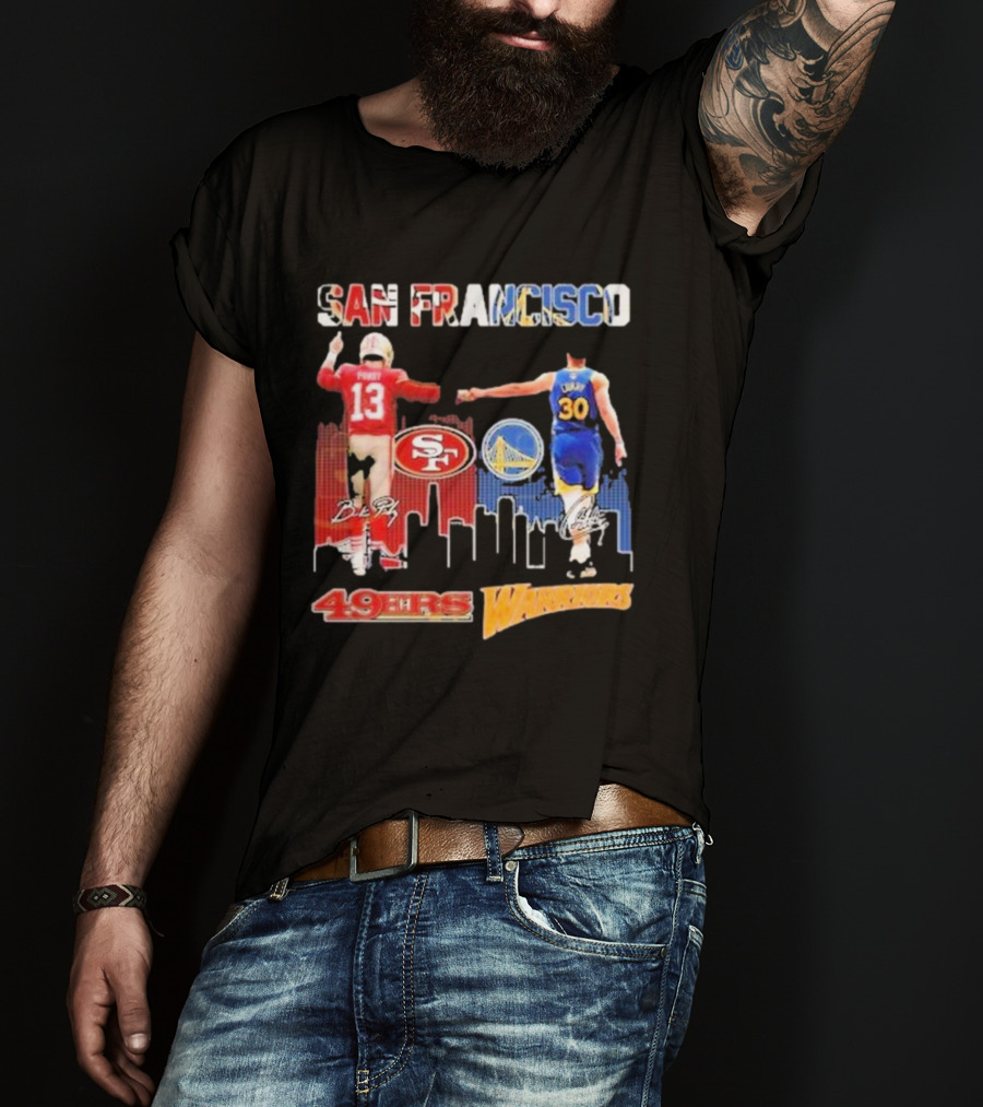 San Francisco 49ers Golden State Warriors Signatures With San Francisco Skyline T-Shirt