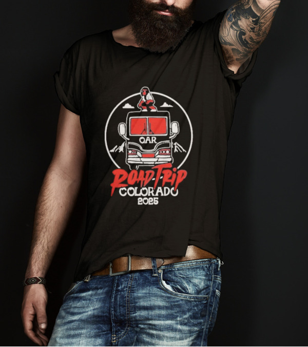 OAR Road Trip Colorado 2025 Bus Adventure With Mountains And Standing Character T-Shirt