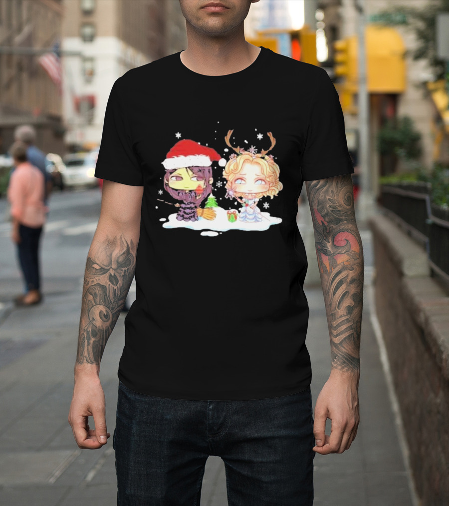 Wicked Merry Christmas Witch And Reindeer Characters Snowflakes T-Shirt