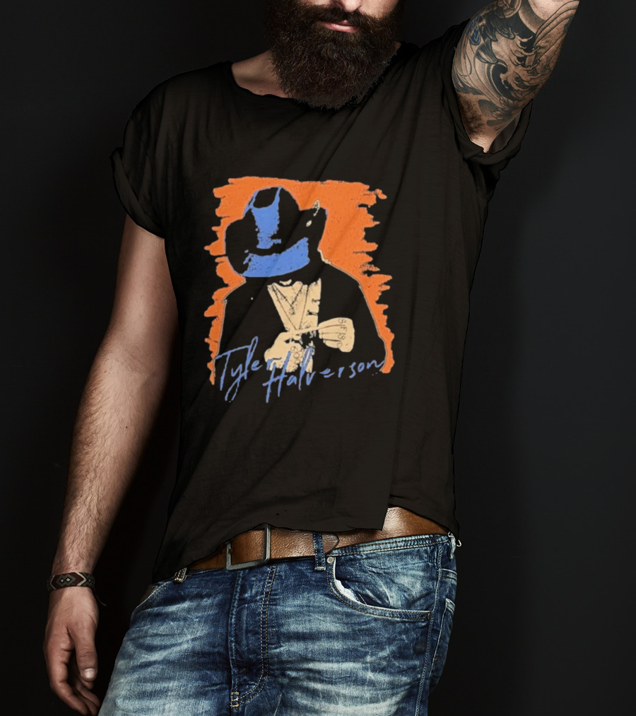 Tyler Halverson Cowboy Hat Blue Bandana Orange Background T-Shirt