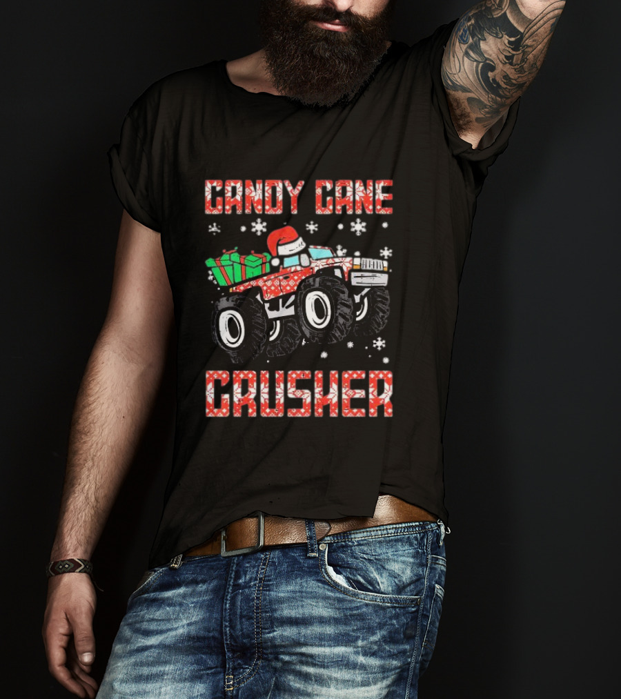 Candy Cane Crusher Christmas Monster Truck Toddler Boys Snowflakes Santa Present T-Shirt