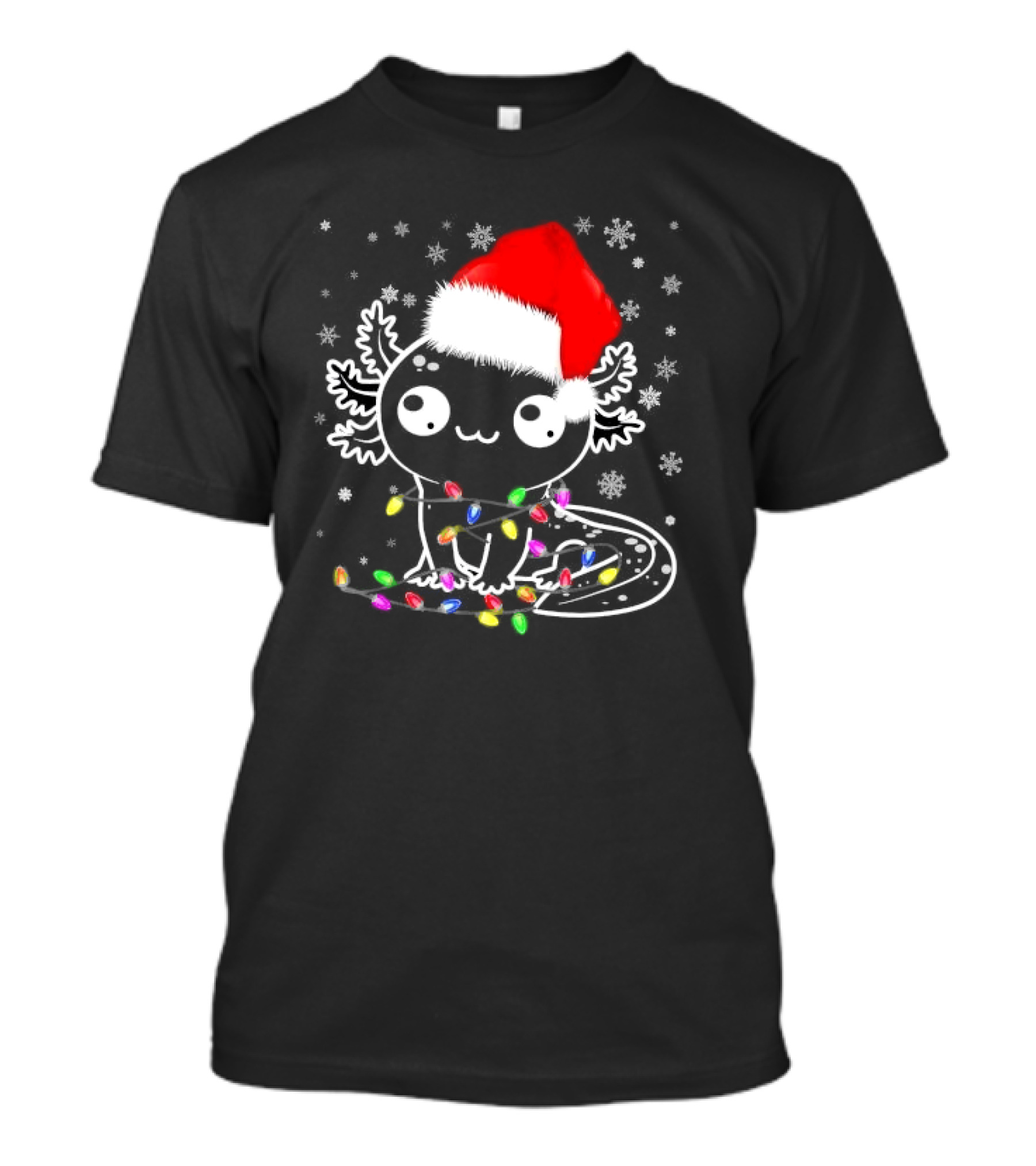 Santa Hat Axolotl Wrapped In Colorful Christmas Lights And Falling Snowflakes T-Shirt