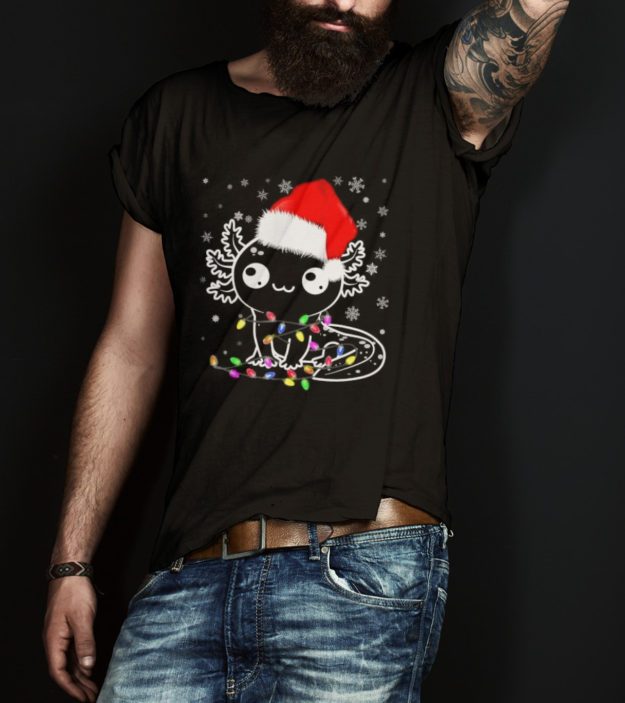 Santa Hat Axolotl Wrapped In Colorful Christmas Lights And Falling Snowflakes T-Shirt