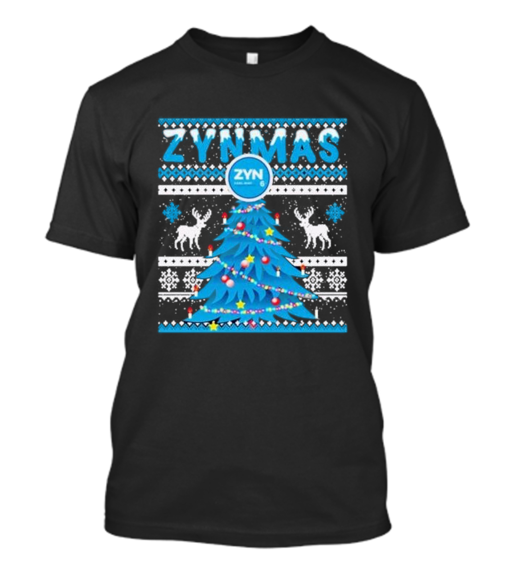 Zynmas ZYN Blue Christmas Tree Reindeer Pattern Snowflakes T-Shirt