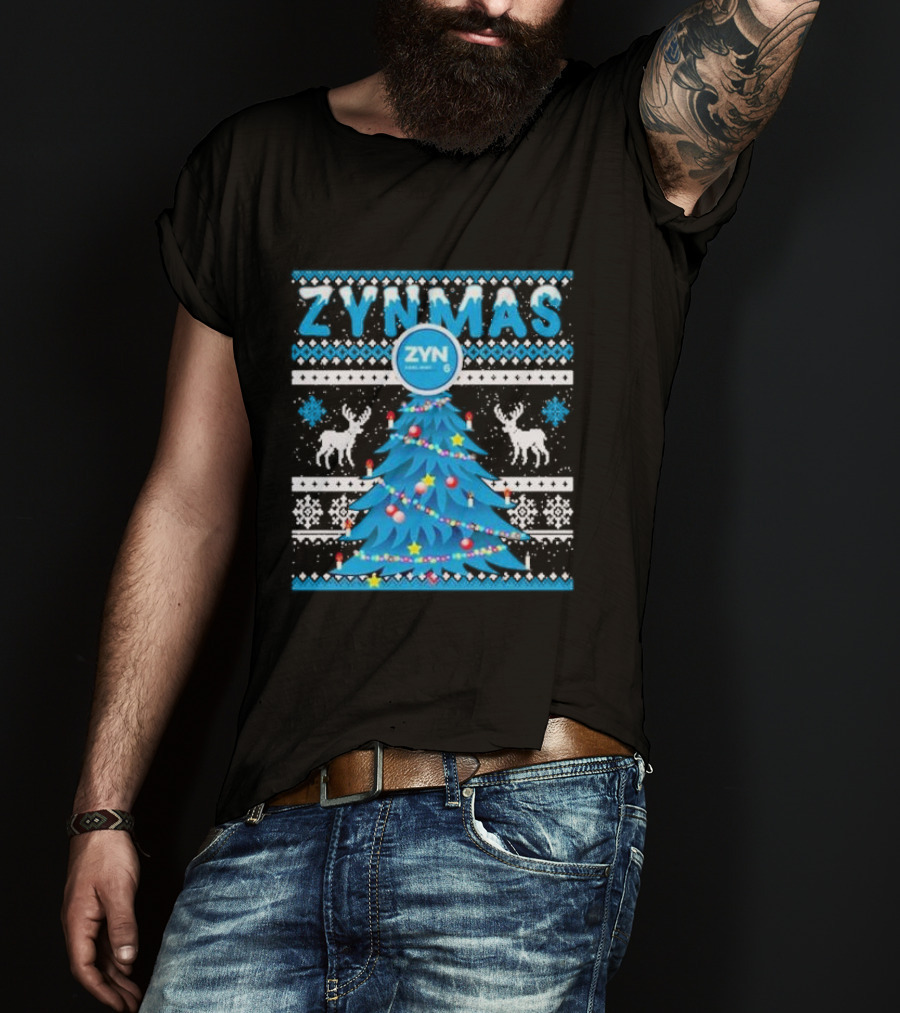 Zynmas ZYN Blue Christmas Tree Reindeer Pattern Snowflakes T-Shirt
