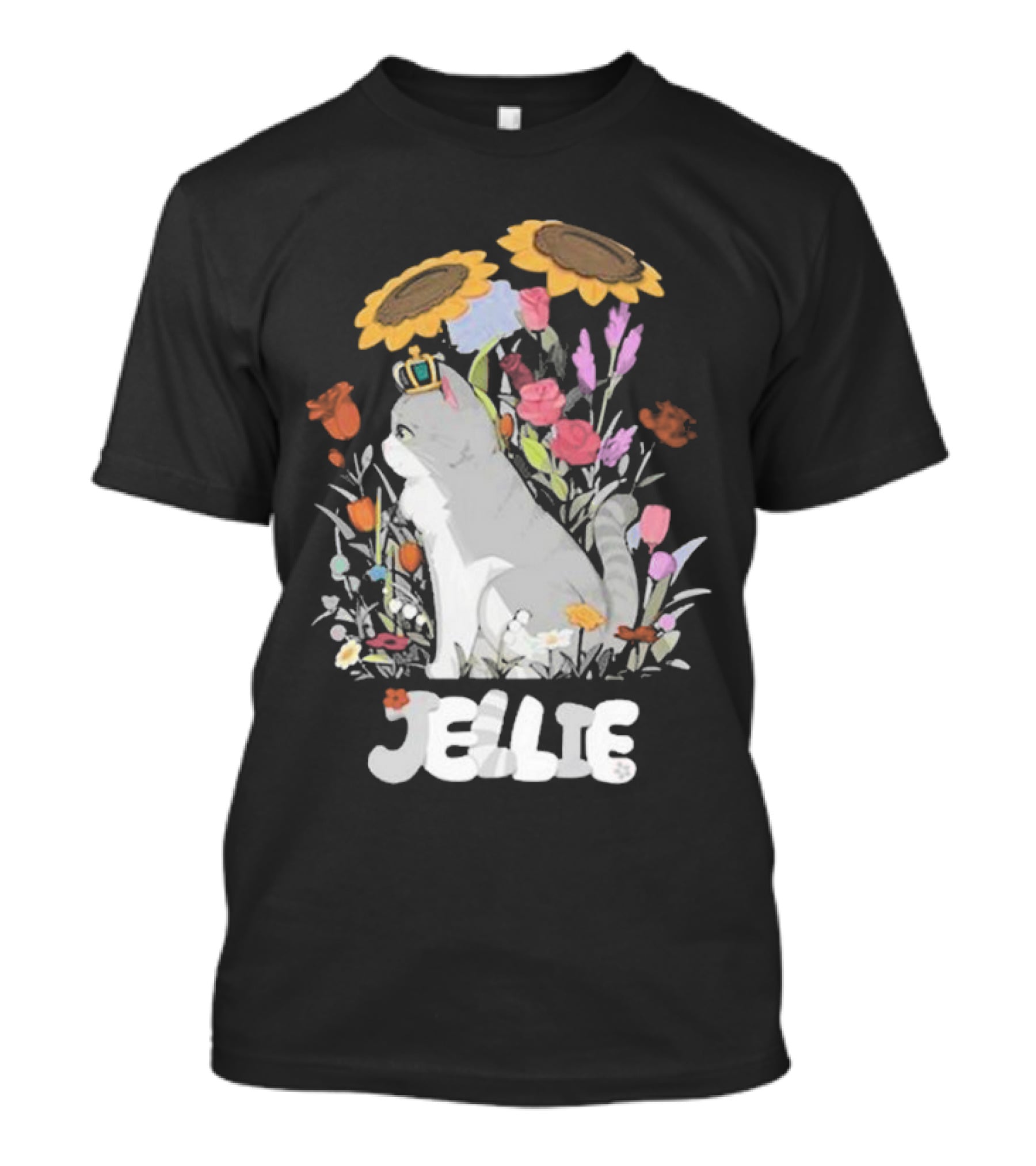 Goodtimeswithscar Jellie Cat In Floral Crown Garden With Sunflowers T-Shirt