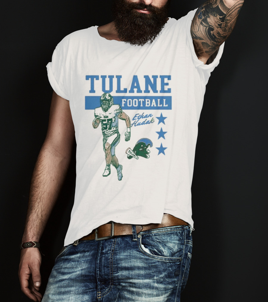 Tulane Football Ethan Hudak Player Graphic And Wave Stars T-Shirt