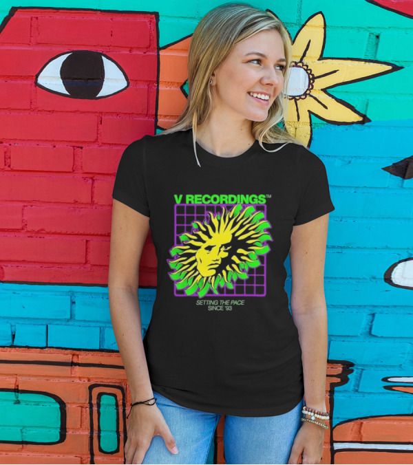 V Recordings Setting The Pace Since 93 Sunburst Face Retro Grid T-Shirt