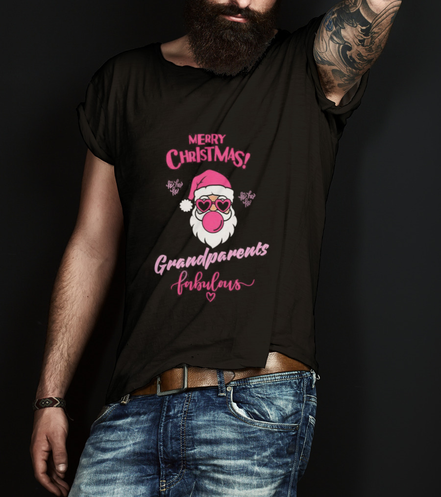 Merry Christmas Grandparents Fabulous Pink Santa Claus Heart Glasses T-Shirt