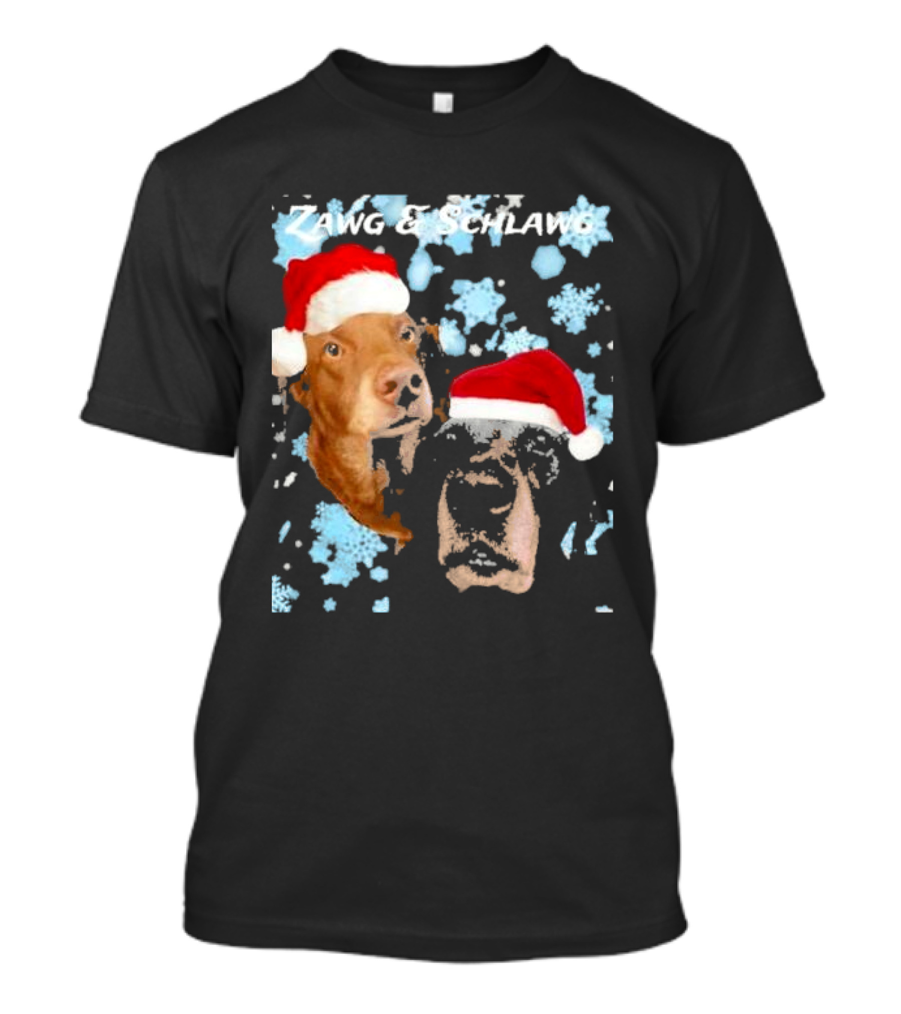 Zawg And Schlawg Christmas Dogs With Santa Hats And Snowflakes T-Shirt