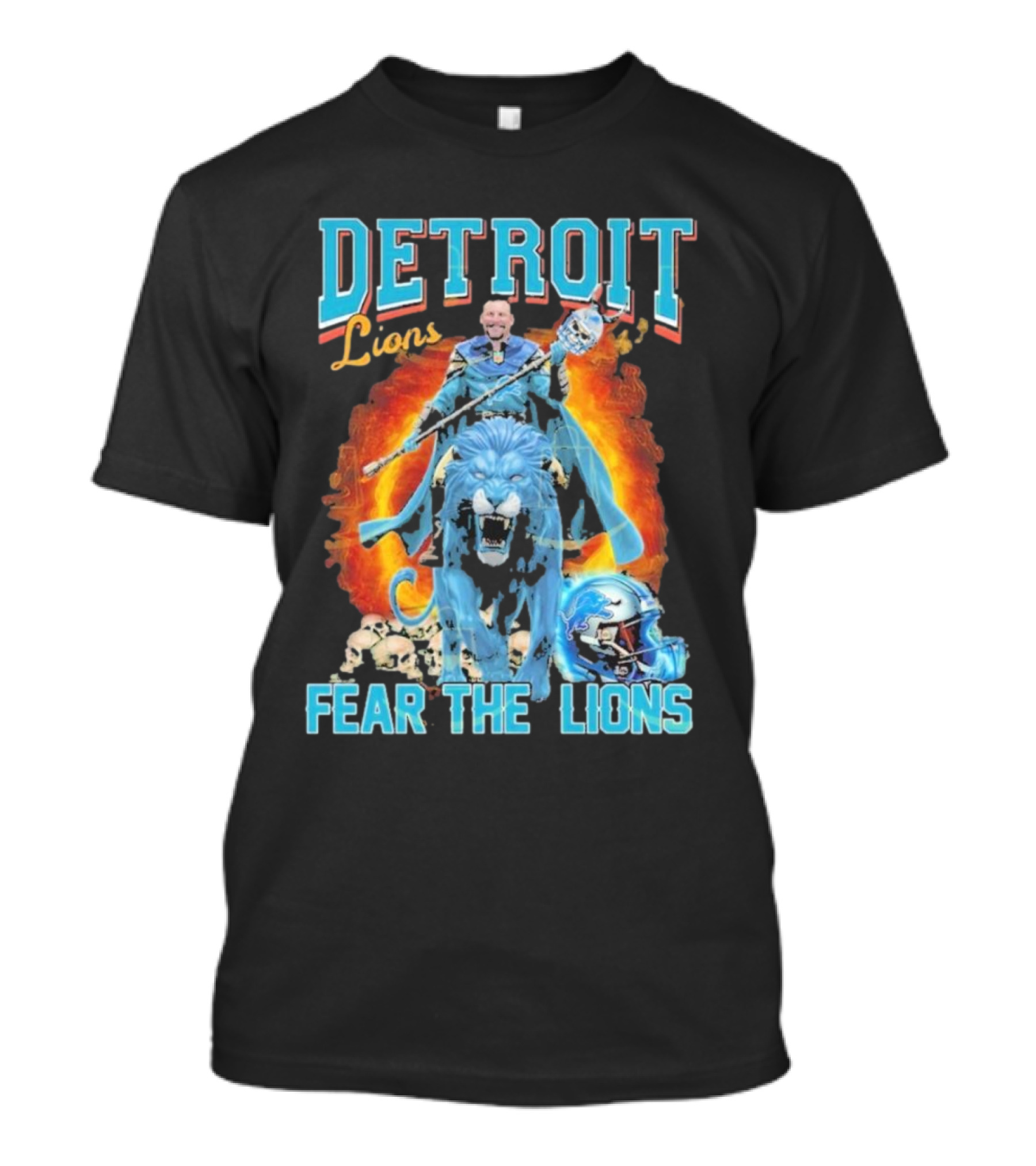 Detroit Lions Fear The Lions Blue Flame Warrior Helmets Skulls T-Shirt