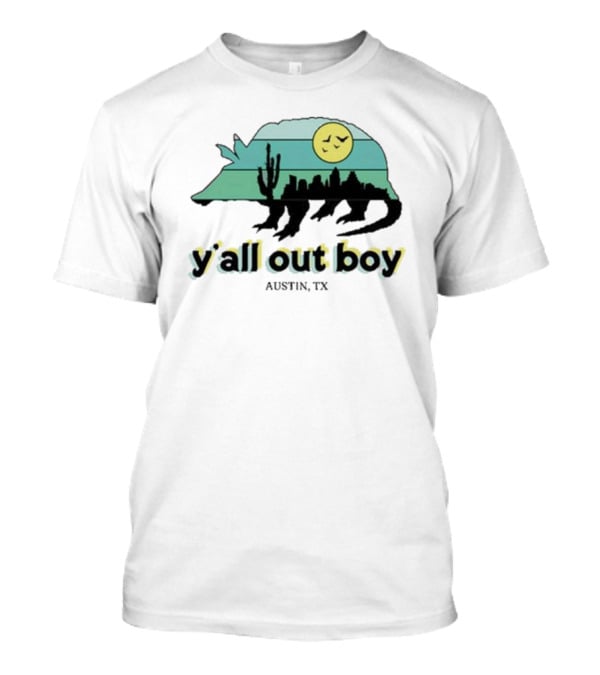 Y'all Out Boy Armadillo Austin TX Blue Gold Cactus Moon Skyline T-Shirt