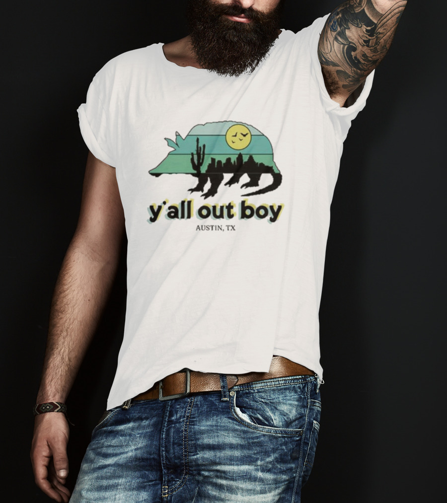 Y'all Out Boy Armadillo Austin TX Blue Gold Cactus Moon Skyline T-Shirt