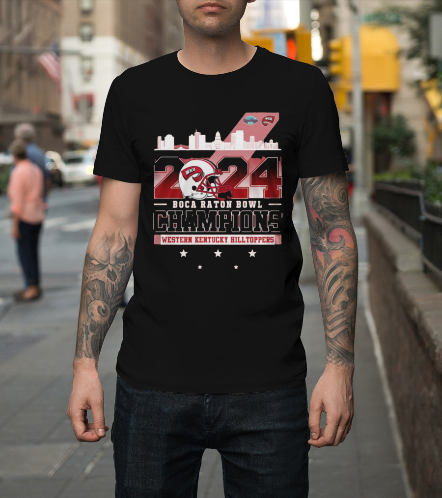 Western Kentucky Hilltoppers 2024 Boca Raton Bowl Champions WKU Football Helmet and City Skyline T-Shirt