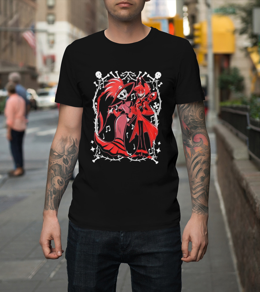 Hazbin Hotel Rosie And Alastor With Musical Notes And Skull Border T-Shirt