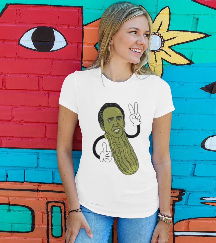 Picolas Cage Nick Cage Pickle Character With Peace Sign Christmas T-Shirt