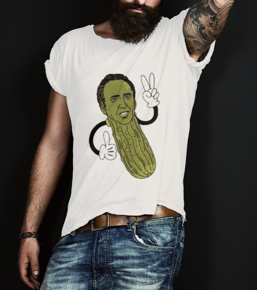 Picolas Cage Nick Cage Pickle Character With Peace Sign Christmas T-Shirt