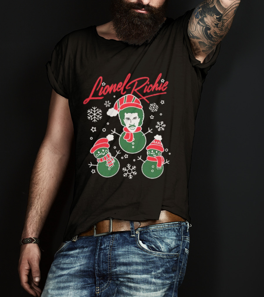 Lionel Richie Festive Snowman Trio With Red And Green Accents T-Shirt