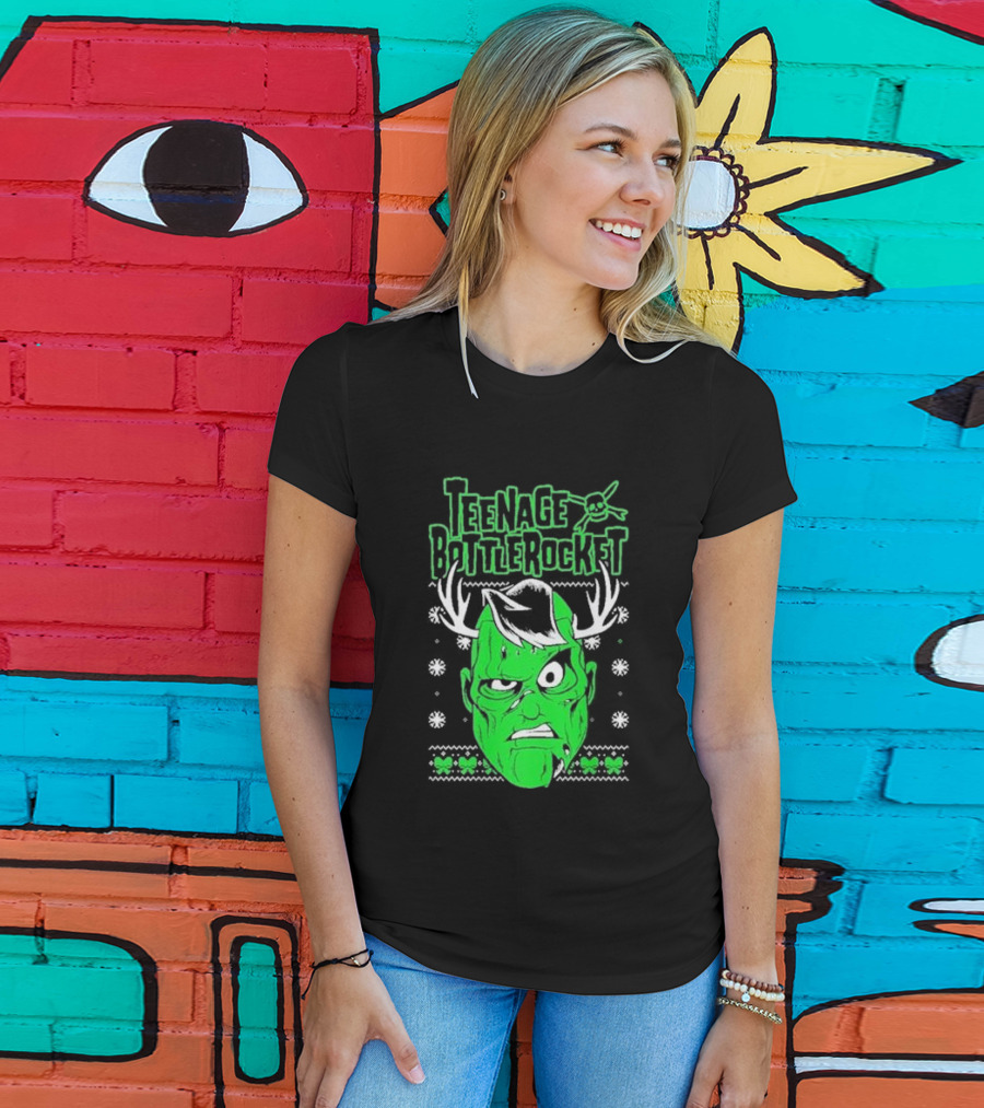 Teenage Bottlerocket Green Grumpy Face With Antlers Snowflakes Skulls Christmas T-Shirt