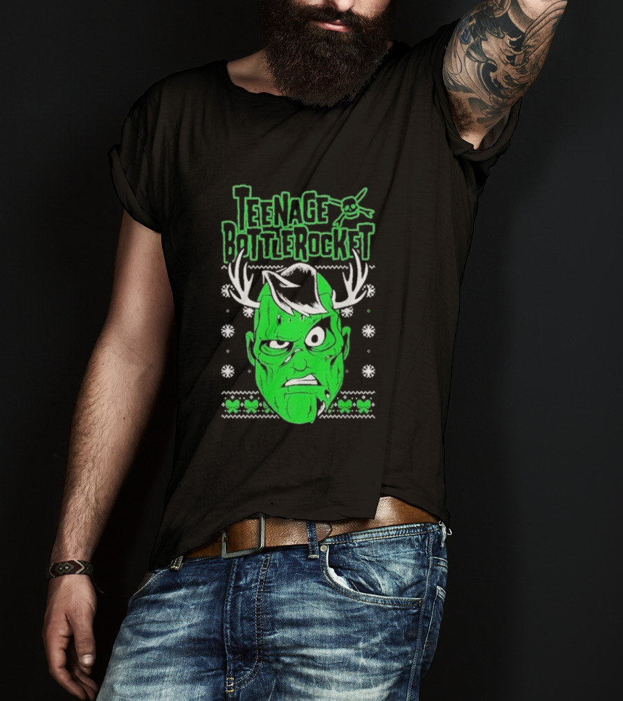 Teenage Bottlerocket Green Grumpy Face With Antlers Snowflakes Skulls Christmas T-Shirt